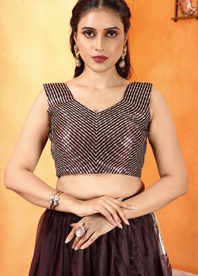 ready made wine ruffle twill net saree with stitched sequin blouse and waist belt 4