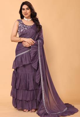 purple Ruffle Georgette Ready To Wear Fully Stitched Saree With Embroidered Stitched Blouse 1