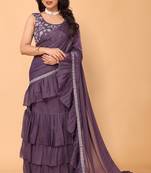 purple ruffle georgette pre draped fully stitched saree with embroidered stitched blouse