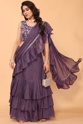 purple Ruffle Georgette Ready To Wear Fully Stitched Saree With Embroidered Stitched Blouse 2