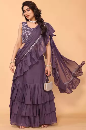 purple ruffle georgette pre draped fully stitched saree with embroidered stitched blouse