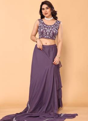 purple Ruffle Georgette Ready To Wear Fully Stitched Saree With Embroidered Stitched Blouse 4
