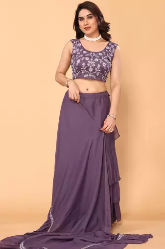 purple ruffle georgette pre draped fully stitched saree with embroidered stitched blouse