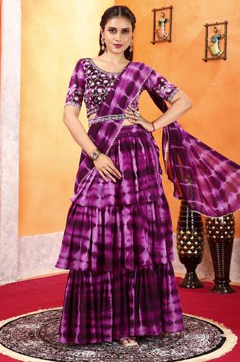 dark wine Shibori Printed Ruffled Stitched Saree Moti Lace Embroidered Sitched Blouse And Waist Belt