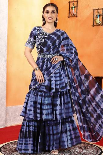 dark blue Shibori Printed Ruffled Stitched Saree Moti Lace Embroidered Sitched Blouse And Waist Belt