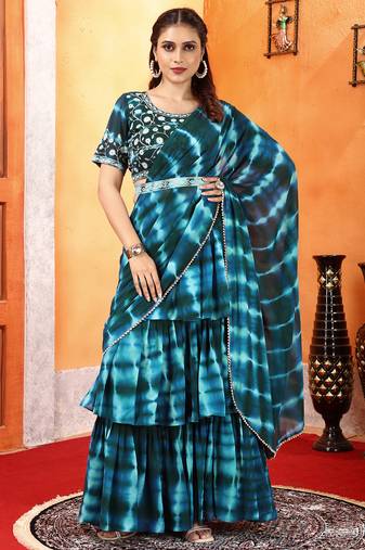 blue Shibori Printed Ruffled Stitched Saree Moti Lace Embroidered Sitched Blouse And Waist Belt