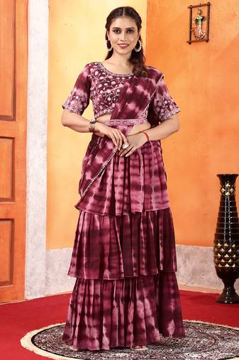 maroon Shibori Printed Ruffled Stitched Saree Moti Lace Embroidered Sitched Blouse And Waist Belt