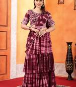 ready to wear maroon shibori printed ruffled stitched saree moti lace embroidered sitched blouse and waist belt