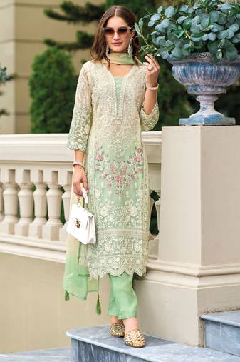 Pista green embroidered & sequins work organza straight pant suit - full stitched suit