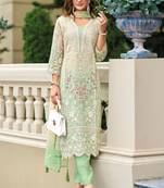Pista green embroidered & sequins work organza straight pant suit - full stitched suit