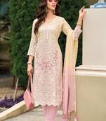 Peach embroidered & sequins work organza straight pant suit - full stitched suit