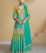 Turquoise embroidery digital print & sequins work chinnon straight palazzo suit - full stitched suit