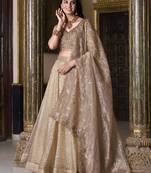 beige sequins and thread embroidered gold rush fabric indian designer latest design wedding lehenga dress