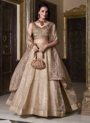 beige sequins and thread embroidered gold rush fabric indian designer latest design wedding lehenga dress 5
