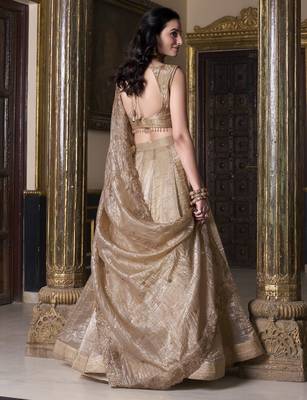 beige sequins and thread embroidered gold rush fabric indian designer latest design wedding lehenga dress 6