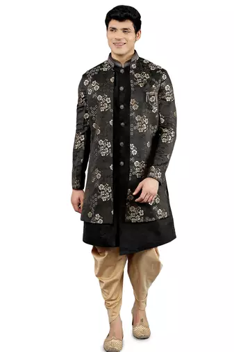 men's slim fit floral design ethnic indowestern sherwani set