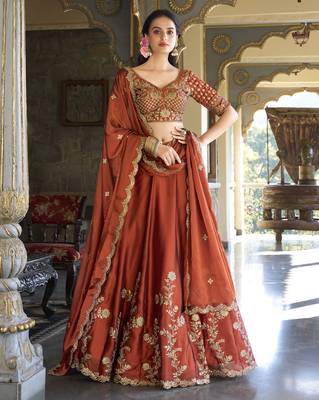 red sequins and thread embroidered rangoli silk fabric indian designer latest design wedding lehenga dress 1