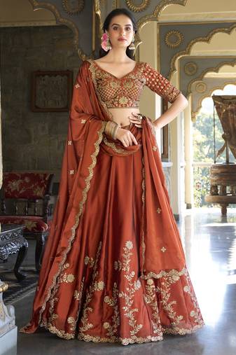 red sequins and thread embroidered rangoli silk fabric indian designer latest design wedding lehenga dress