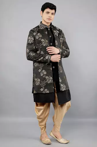 men's slim fit floral design ethnic indowestern sherwani set