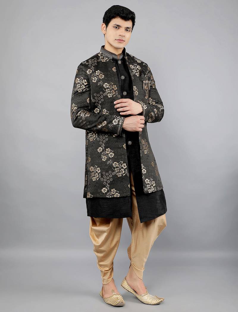 men's slim fit floral design ethnic indowestern sherwani set