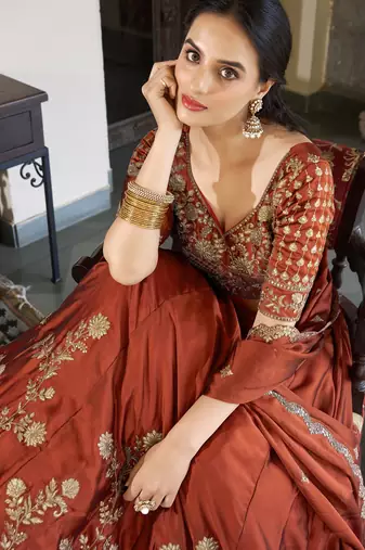 red sequins and thread embroidered rangoli silk fabric indian designer latest design wedding lehenga dress