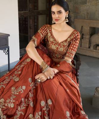 red sequins and thread embroidered rangoli silk fabric indian designer latest design wedding lehenga dress 4