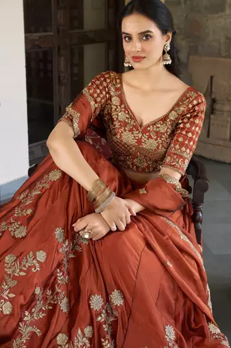 red sequins and thread embroidered rangoli silk fabric indian designer latest design wedding lehenga dress
