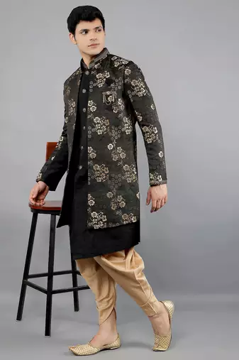 men's slim fit floral design ethnic indowestern sherwani set