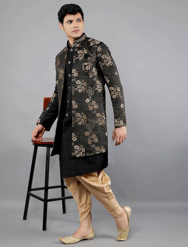 men's slim fit floral design ethnic indowestern sherwani set