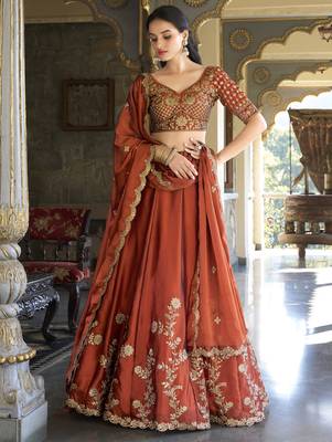 red sequins and thread embroidered rangoli silk fabric indian designer latest design wedding lehenga dress 5