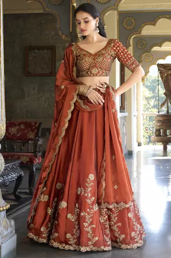 red sequins and thread embroidered rangoli silk fabric indian designer latest design wedding lehenga dress