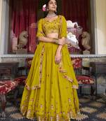 mustard yellow sequins and thread embroidered georgette fabric indian designer wedding lehenga dress