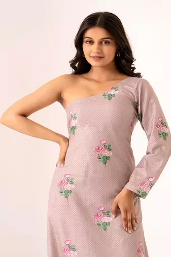 Lilac cotton rayon floral printed one shoulder jumpsuit