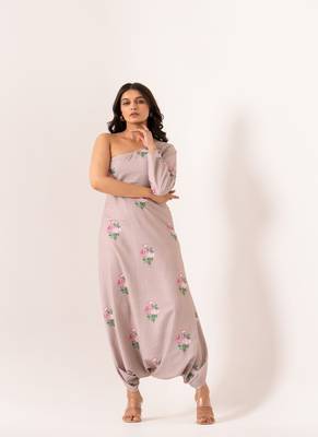 Lilac cotton rayon floral printed one shoulder jumpsuit 1
