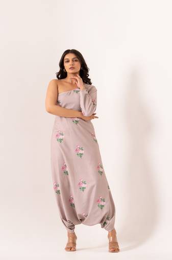 Lilac cotton rayon floral printed one shoulder jumpsuit