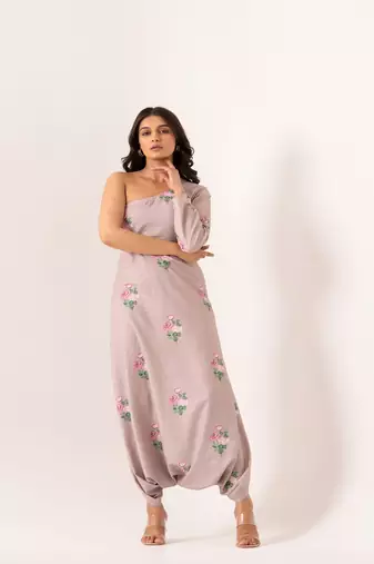 Lilac cotton rayon floral printed one shoulder jumpsuit