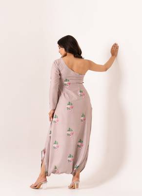 Lilac cotton rayon floral printed one shoulder jumpsuit 3