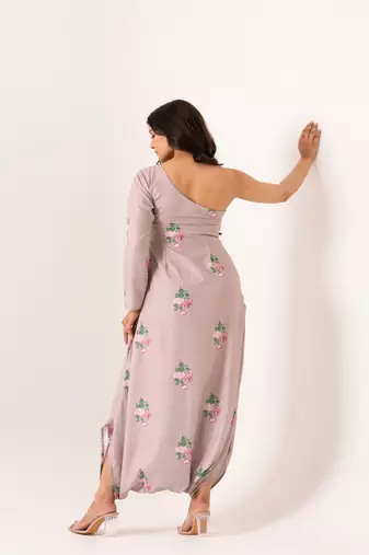 Lilac cotton rayon floral printed one shoulder jumpsuit