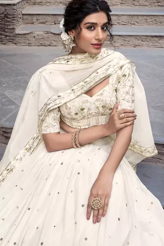 Off-White Sequin and Thread Embroidered Silver Glossy indian designer wedding lehenga dress