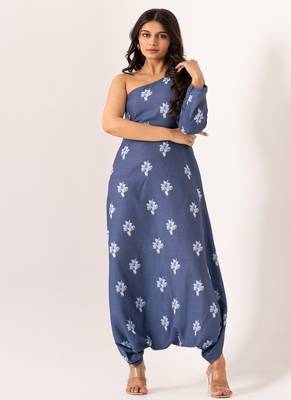 Blue cotton rayon floral printed one shoulder jumpsuit 1