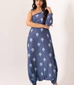 Blue cotton rayon floral printed one shoulder jumpsuit