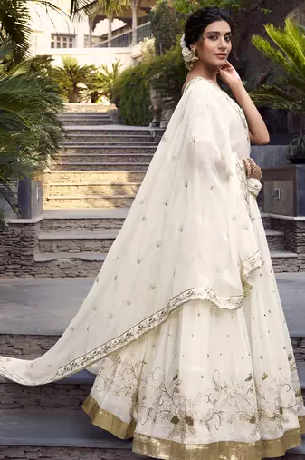 Off-White Sequin and Thread Embroidered Silver Glossy indian designer wedding lehenga dress