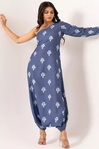 Blue cotton rayon floral printed one shoulder jumpsuit