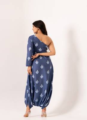 Blue cotton rayon floral printed one shoulder jumpsuit 3