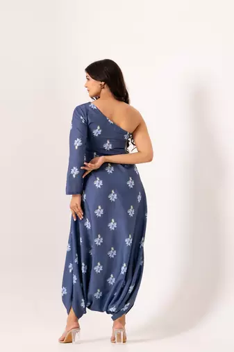 Blue cotton rayon floral printed one shoulder jumpsuit