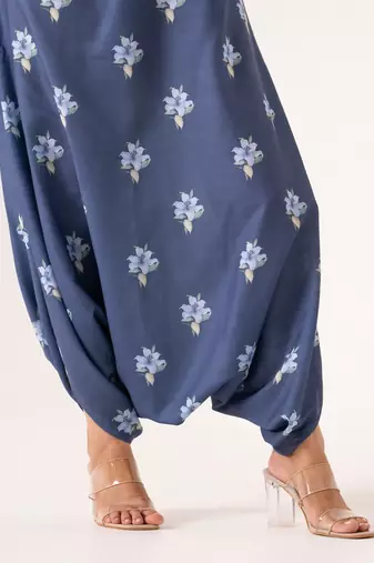 Blue cotton rayon floral printed one shoulder jumpsuit