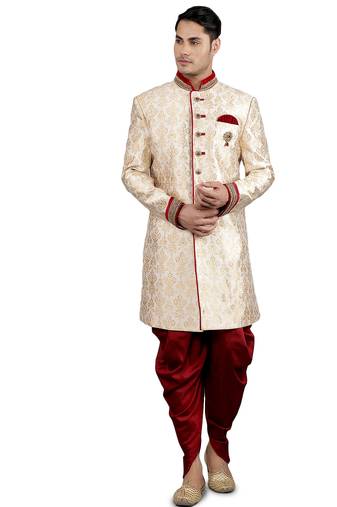 men's slim fit floral woven design sherwani set