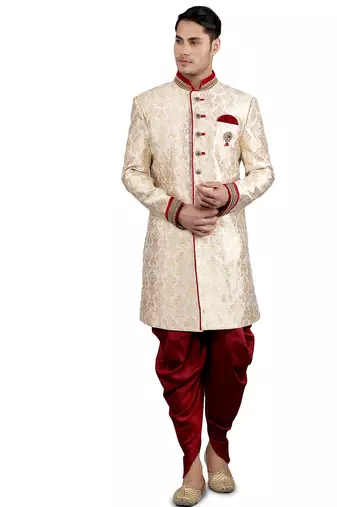 men's slim fit floral woven design sherwani set