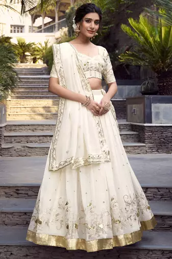 Off-White Sequin and Thread Embroidered Silver Glossy indian designer wedding lehenga dress