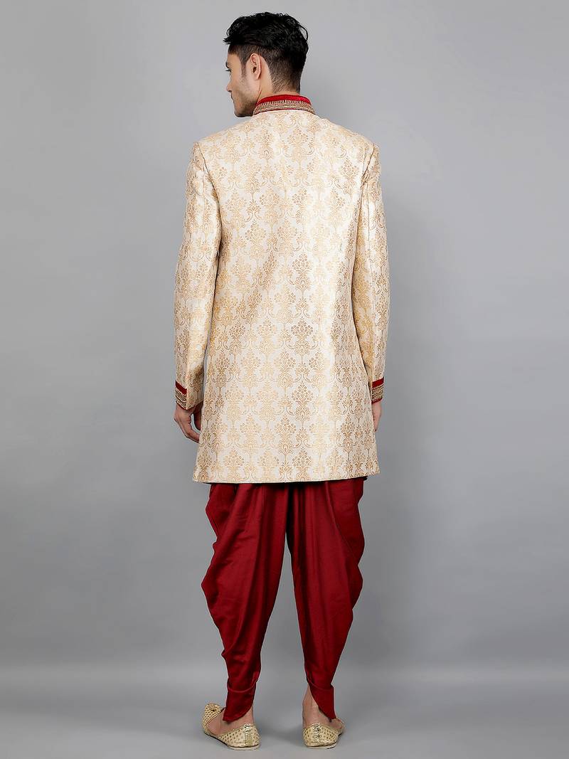men's slim fit floral woven design sherwani set